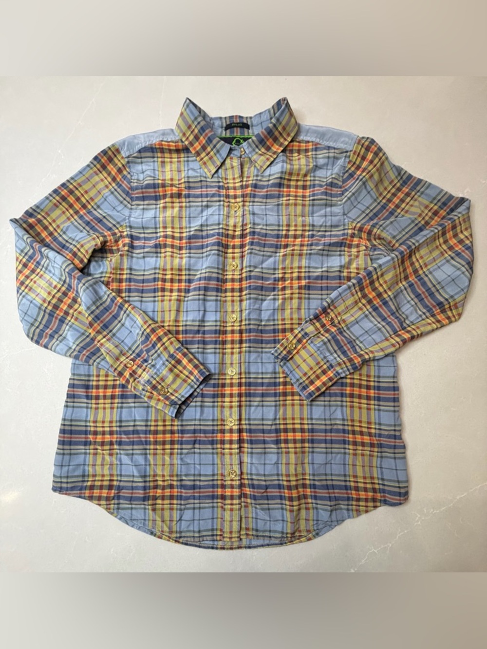 C. Wonder Women’s 100% Silk Plaid Button-Down Shirt - Light Blue & Yellow, M